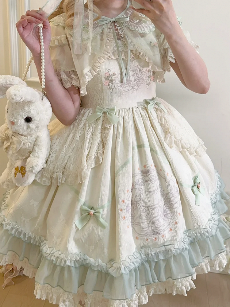 Hoher Rock mit Blumenmuster, Teddy-Stickerei, Lolita-Pullover und Schleife aus Stoff