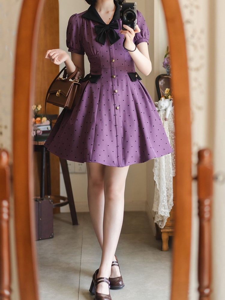 Pattern Black Purple Dress Small Retro Sleeves Puff Heart-shaped Fashion