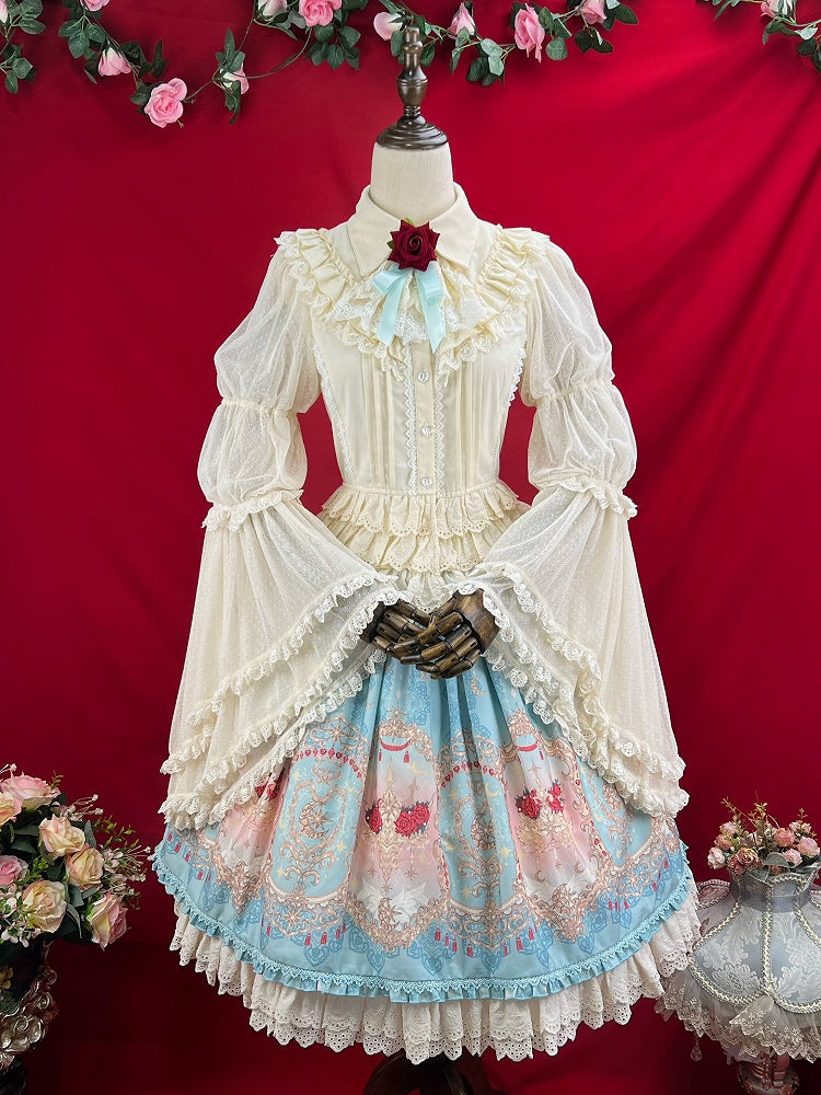 Blauer eleganter Lolita-Rock mit Korsettgürtel und hoher Taille und Blumen- und Mond-Print