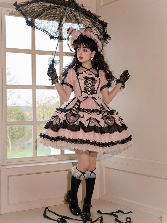 Embroidery Black Accents Bunny and Dress Lolita Heart Bow Pink Applique Sweet