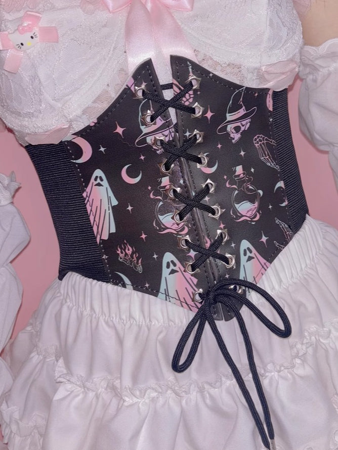 And Waist Gyaru Fashion Moon Y2K Skeleton Black Lace-up PU Print Star Ghost Belt Details