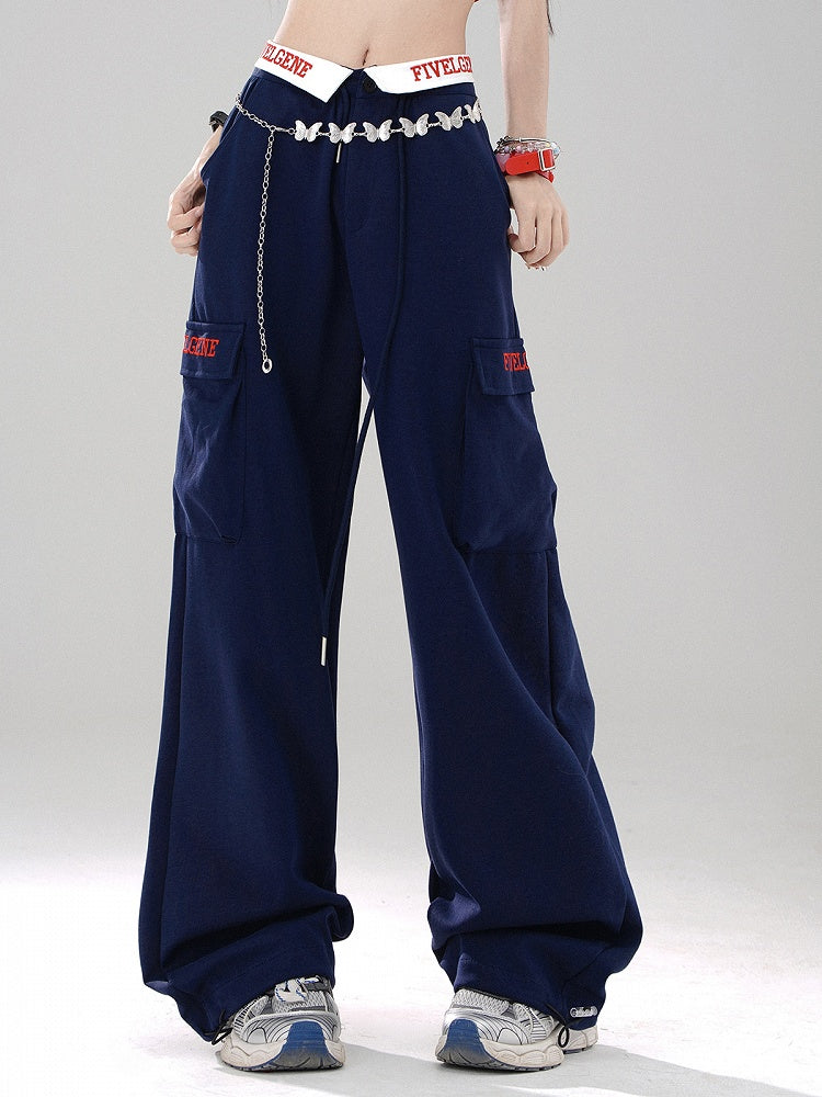 Klein Blue Wide-Leg Pants with Lettered Pocket Flaps and Foldover Waistband