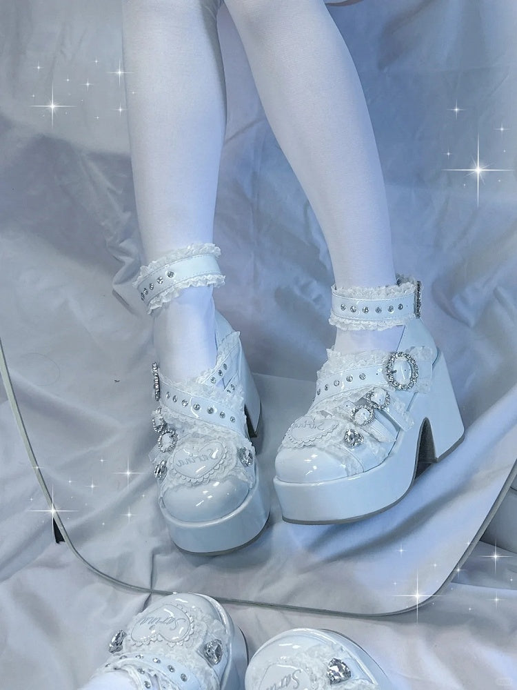 Details Platform Rhinestone Straps Jirai Lace Criss-Cross Kei with Heels: Kaiwai Light Blue Buckle Tenshi