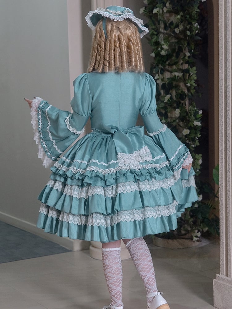 Türkisgrünes Lolita-Kleid mit Stufenrock und langen Ärmeln