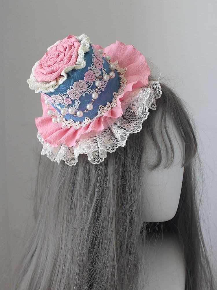 Hut mit Mini-Besatz und Blumenperlen, Blau/Rosa, verzierte Spitze
