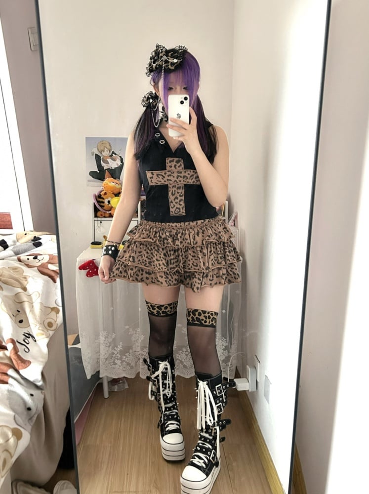 Y2K レオパード柄 ティアードスカート