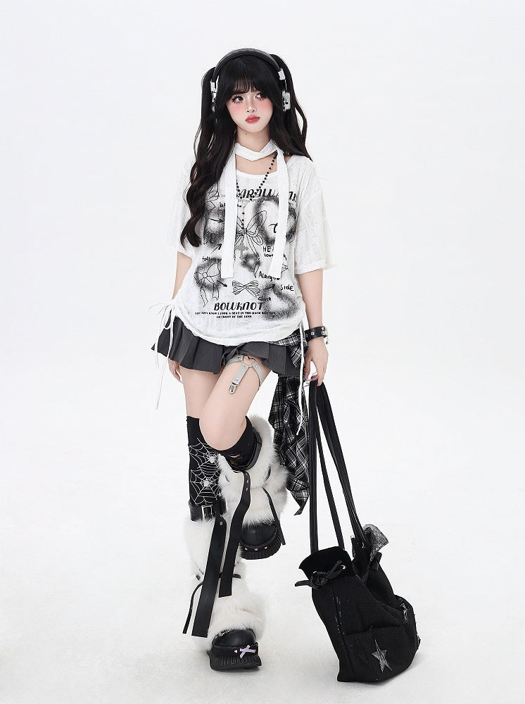 Black/White Drawstring Side Bowknots Print T-Shirt with Free Scarf