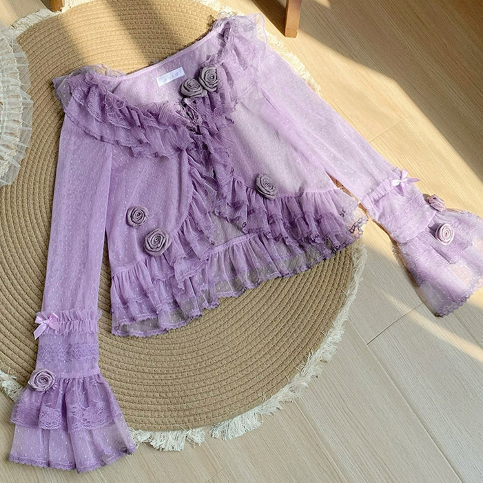 Sheer Sleeves Top Purple Trimming Long Dotted Flounce Tulle