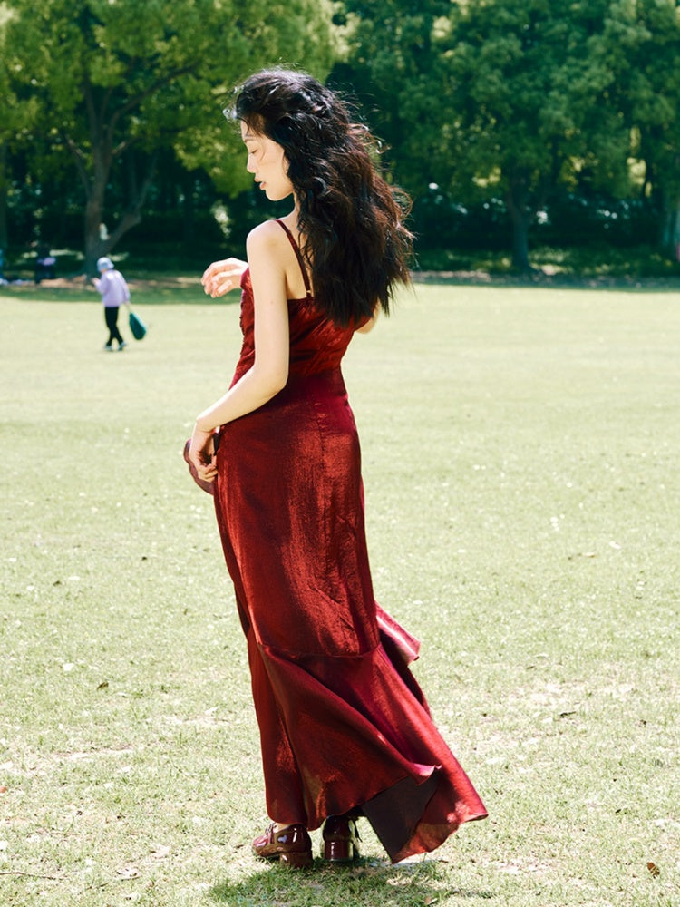 Red Floral Mermaid Skirt Flounce Hem Cami Dress