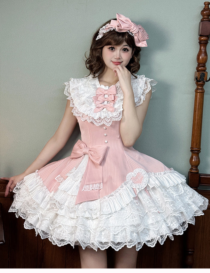 White Sleeveless Pink Dress Slim Striped Layered Neck Fabric Lolita Ruffle Sweet Waist Fit