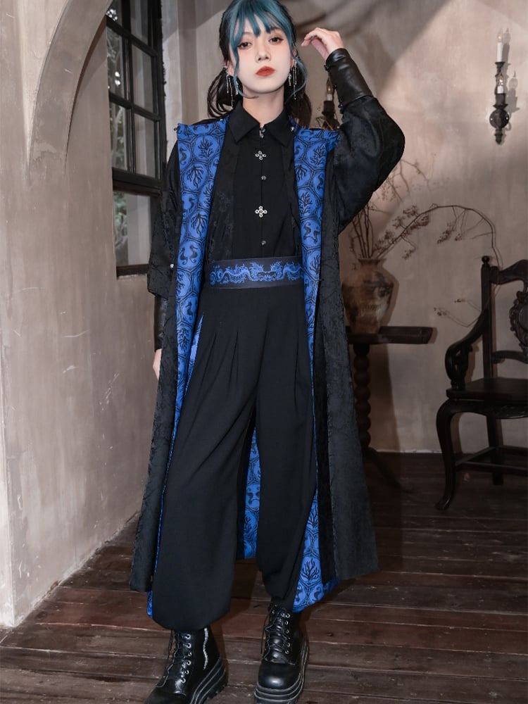 Cheongsam Style Long Coat Print and Blue Coral Black Jacquard Seahorses Reversible