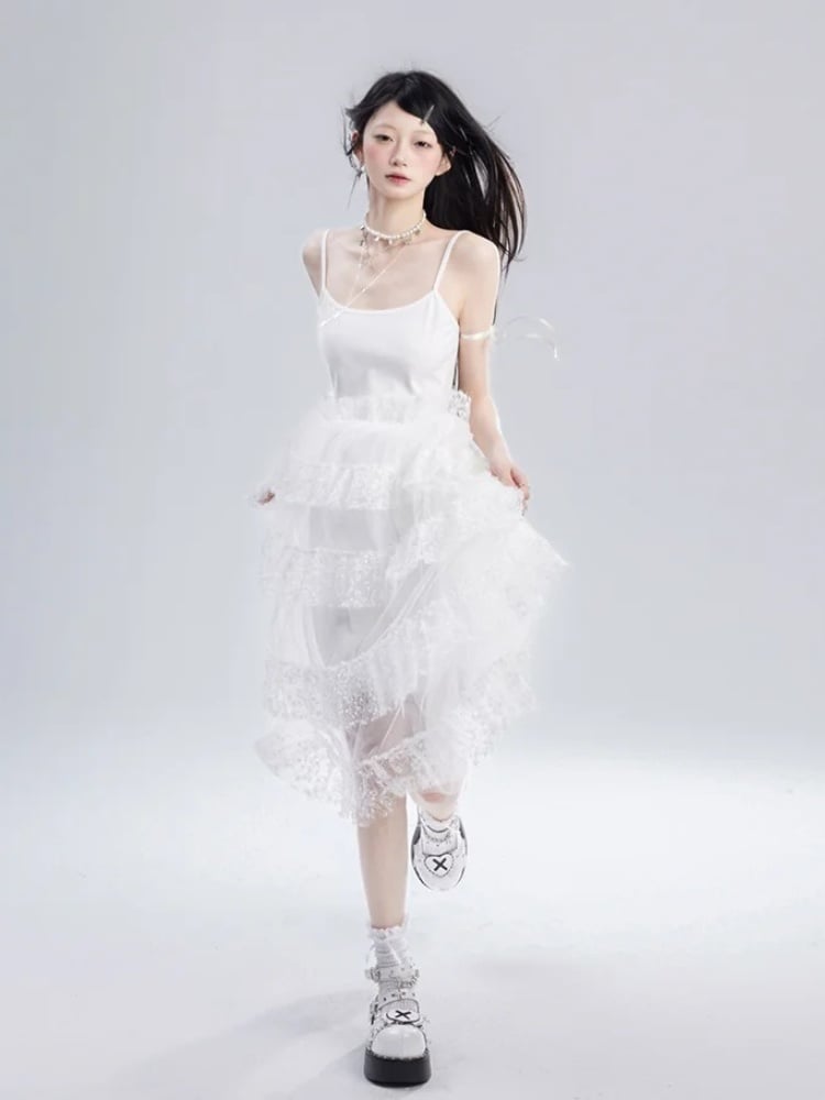 Skirt Cami Dress Waist Chain Sweet White Lace Tiered Free with