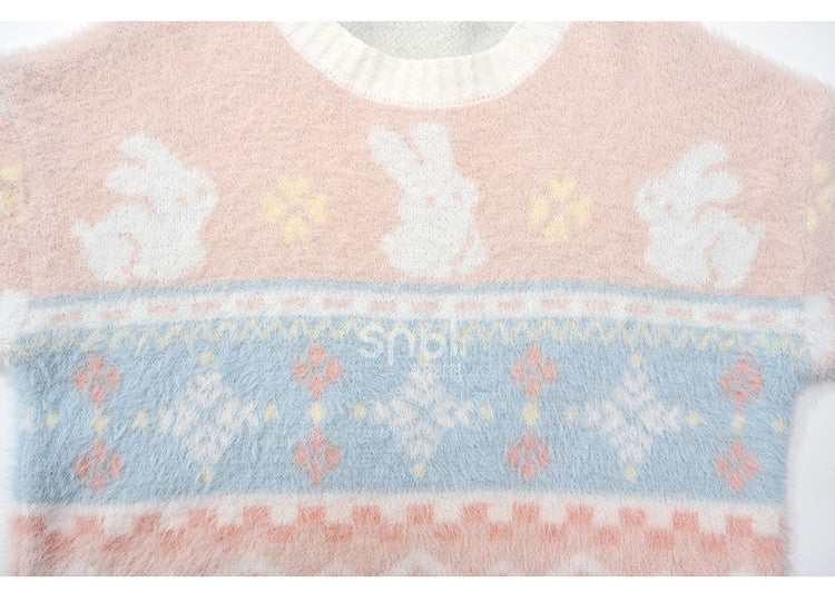 Rosa weicher Pullover mit süßem Häschenmuster und Rundhalsausschnitt