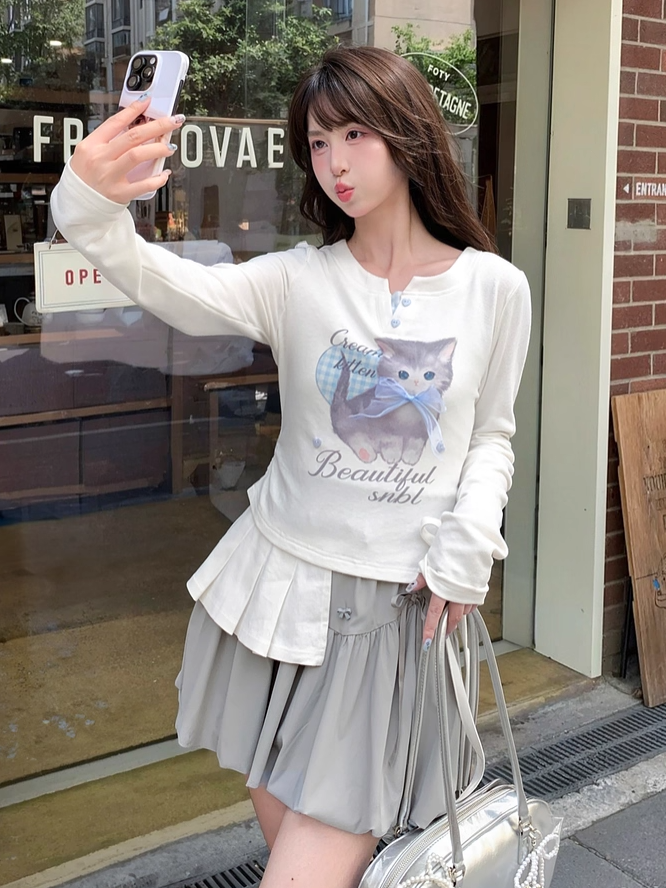 Adorable Cartoon Kitty Print Sweetheart Two-pieces Top Button Details White Faux