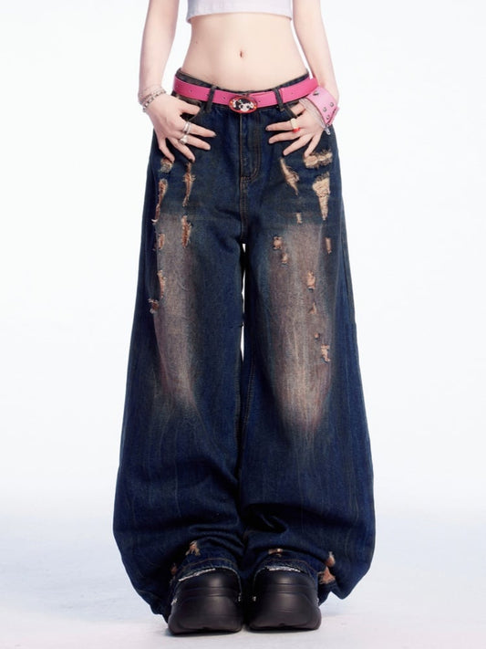 Dark Blue Low Vintage Wide-leg Jeans Waist Distressed Holes