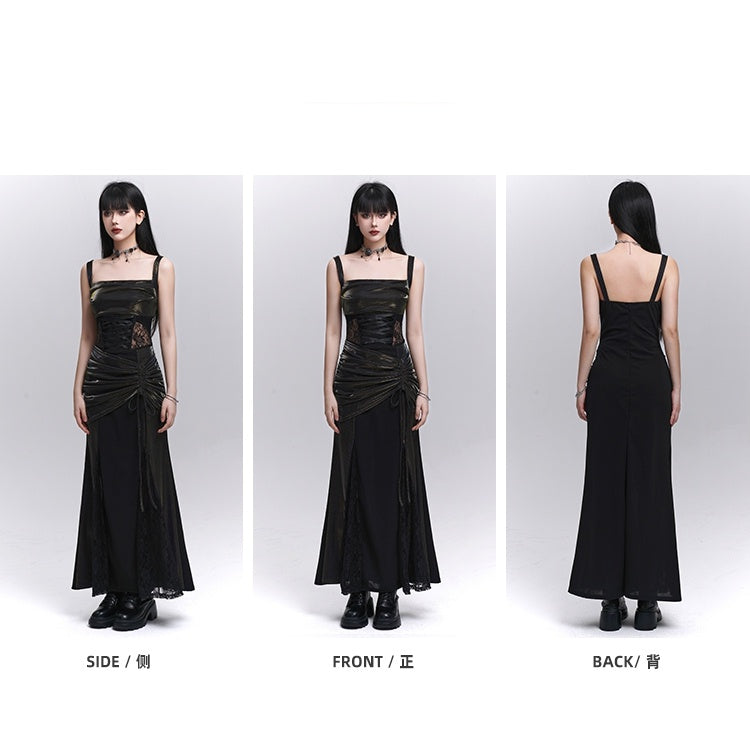 Waist Drawstring Black Lace Hip Sleeveless Dress Patches