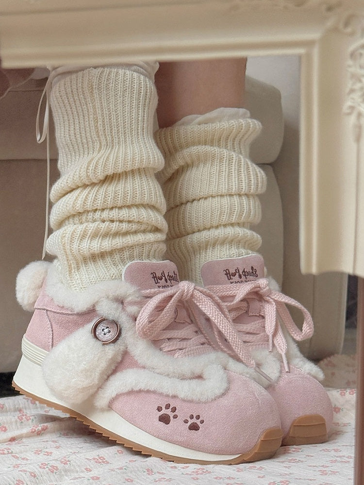 Sweet with Accents Ears Tail Paw Embroidery Sneakers Print - Plush Pink Dog Lolita