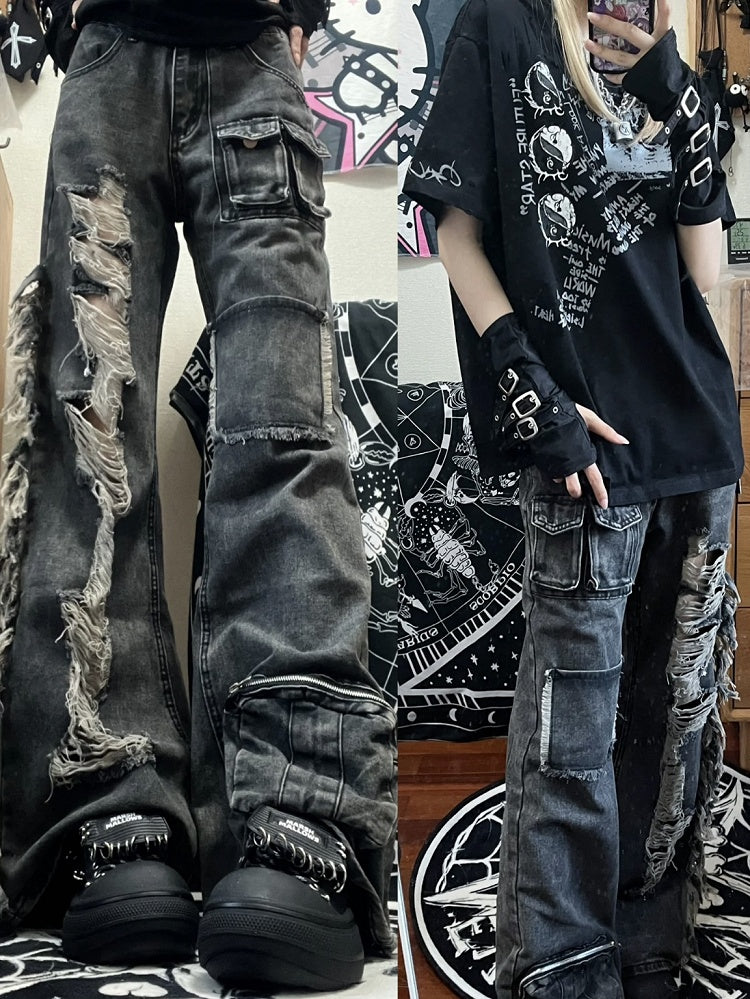 Black Faded Wash Distressed Multi-Pockets Jeans with Raw Hem