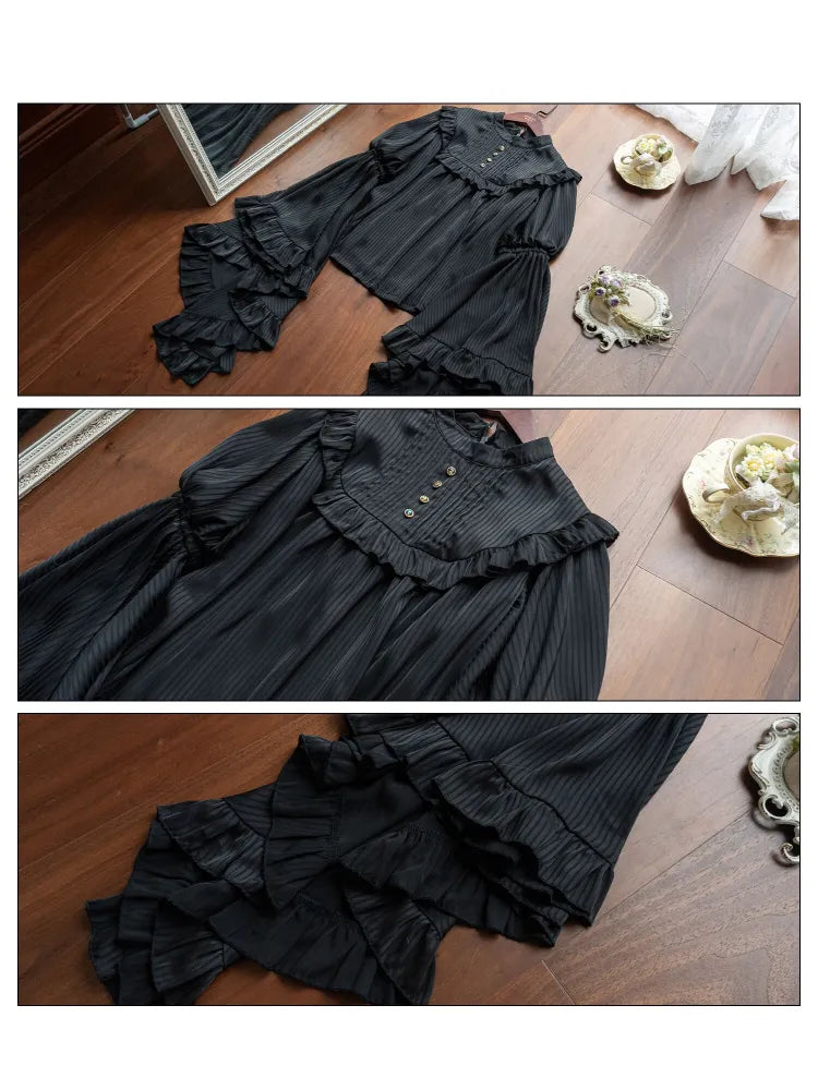Flounce Trim Gothic Black Blouse Bell Sleeves