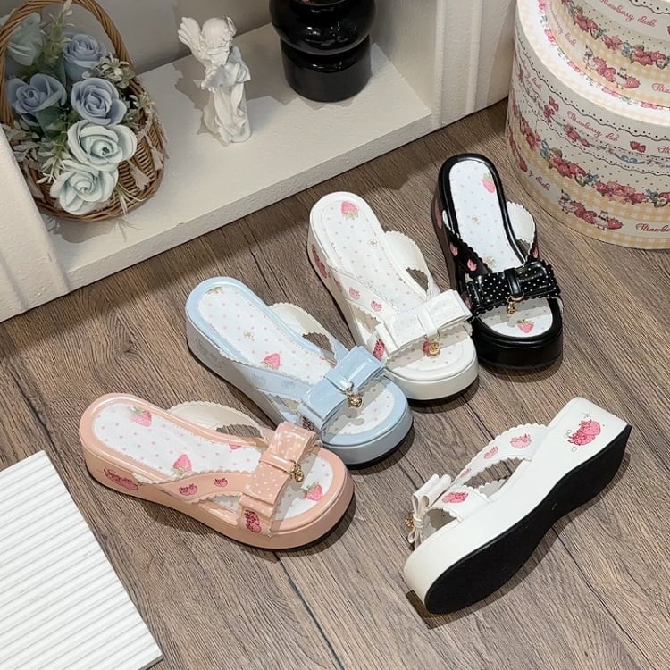 Lolita Top Print Wa Platform Pink Slippers Strawberry at Bow