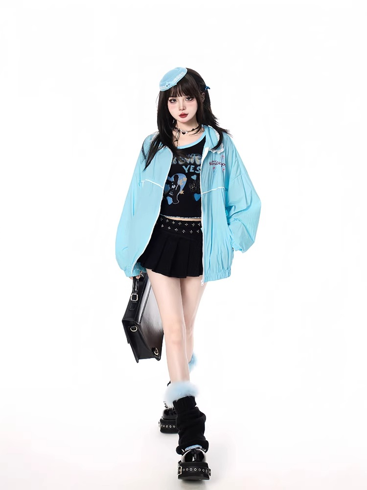 Hem Shirt Collar Elastic Cuffs and Zip-up Jacket Blue