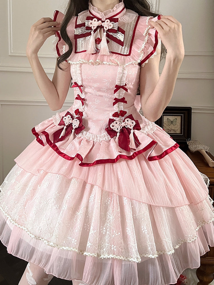 Qi Lolita Frog Button Cheongsam Collar Dress Details Style Tassel Pink