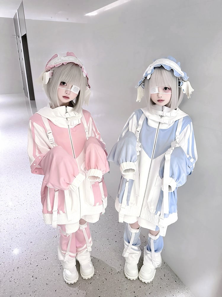 4-Piece and Pink White Snap Set: Landmine Techwear Jacket