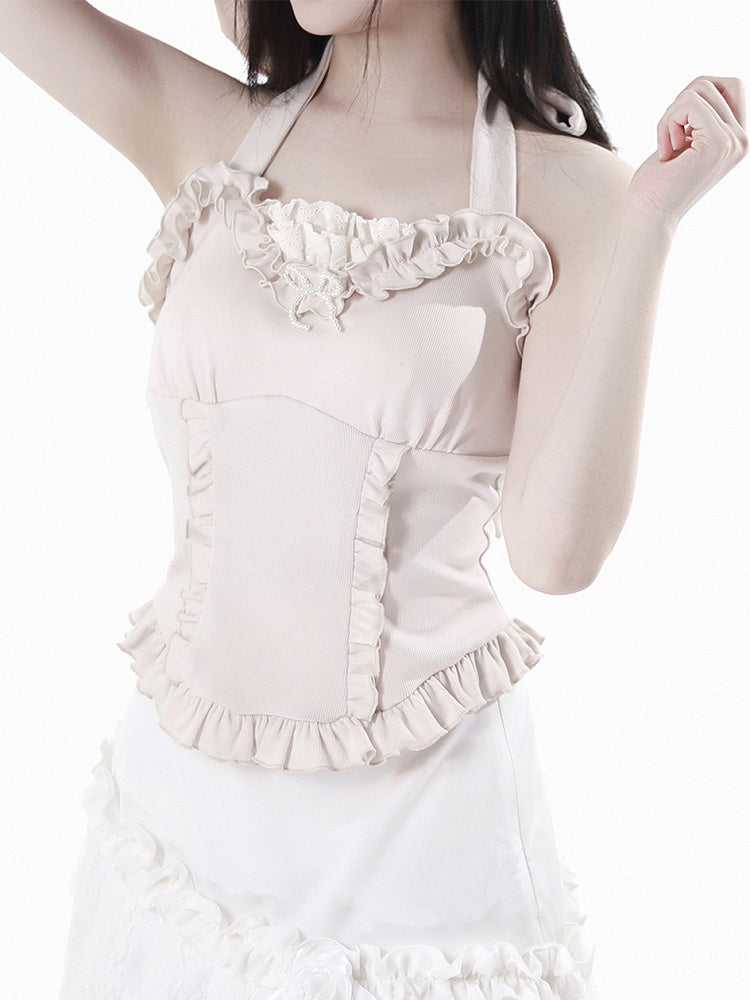 with Detachable Halter Top Apricot Ruffle Trim Beaded Bowknot Self-tie Padded Cups