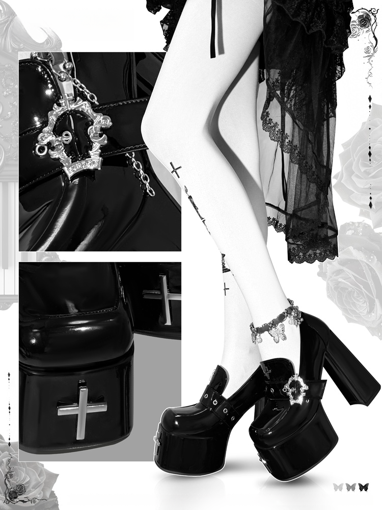 Heel High in Coffin Buckle Gothic with Black Shoes Polished Platform Block 11/13cm