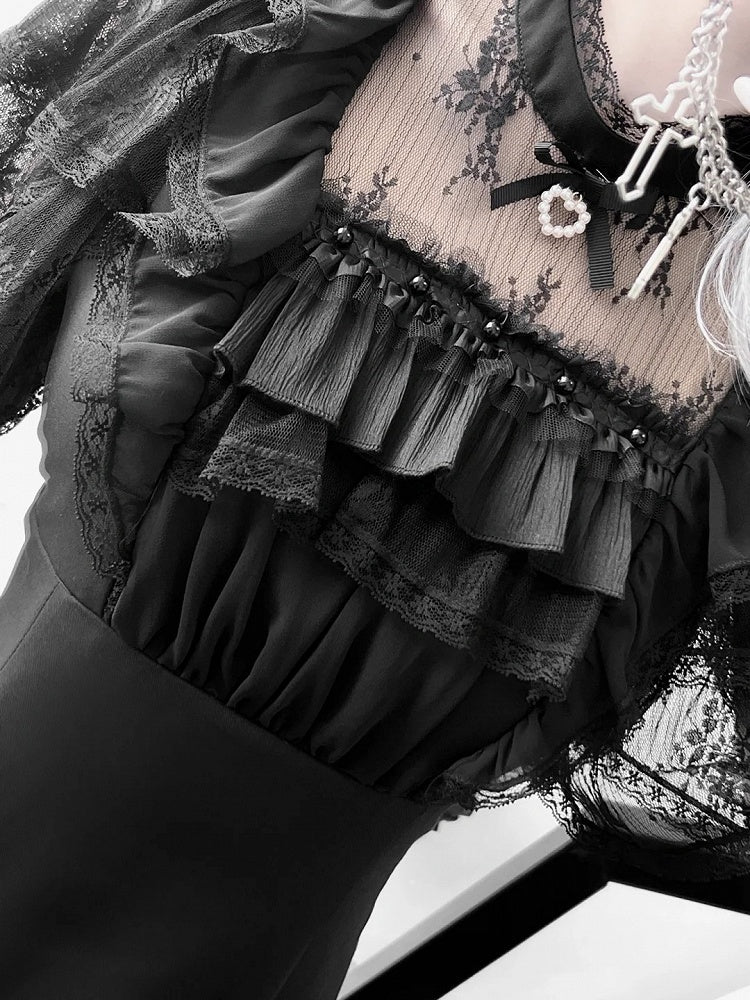 Jirai Kei Black/White Illusion Waist Neckline Ruffled High Lace Dress Trim