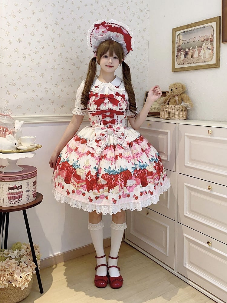 Strawberry Dessert Lolita Sweet Dress and White Print