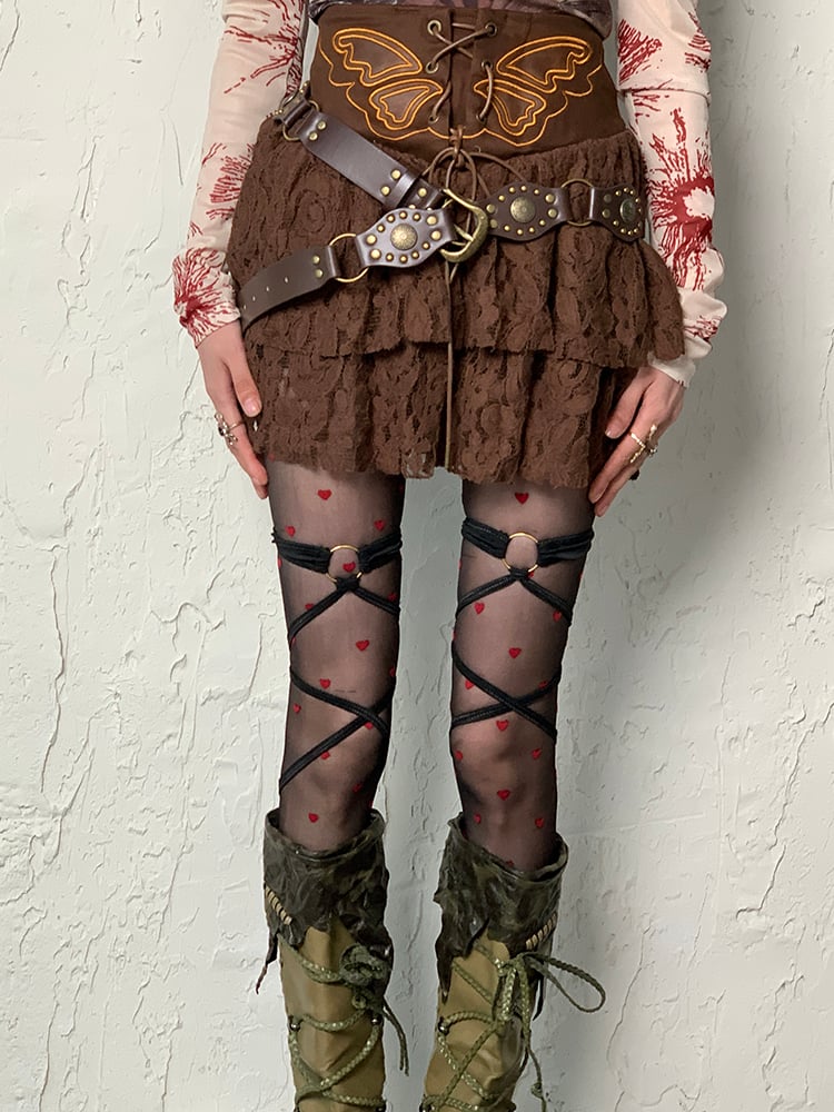 Red Black Heart Pattern Y2K Tights