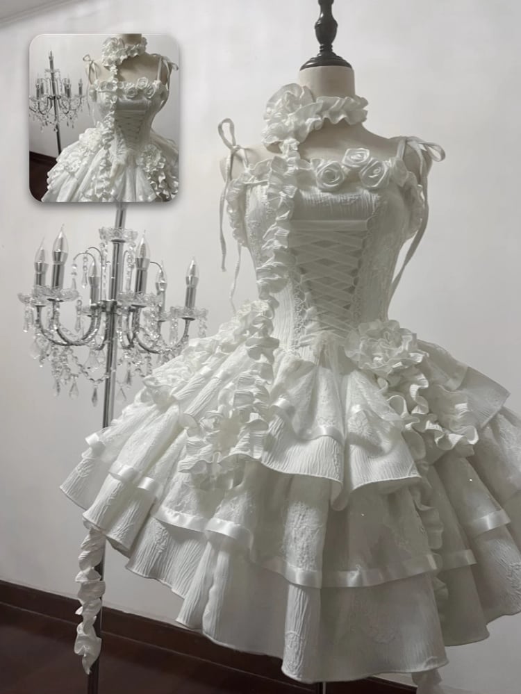 Robe gothique Lolita à col en V et manches papillons, motif ange et roses blanches