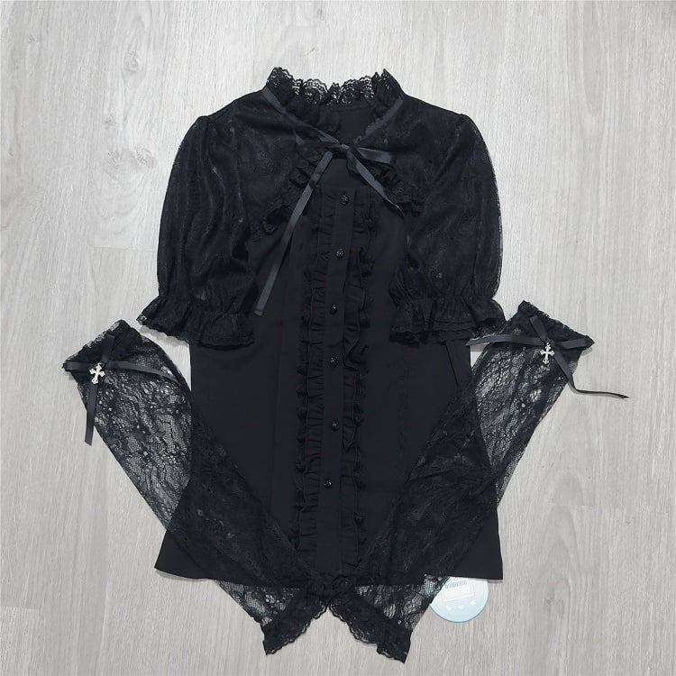 Jirai Kei Black Lace Cape Short Sleeve Blouse/ Sleeves Only