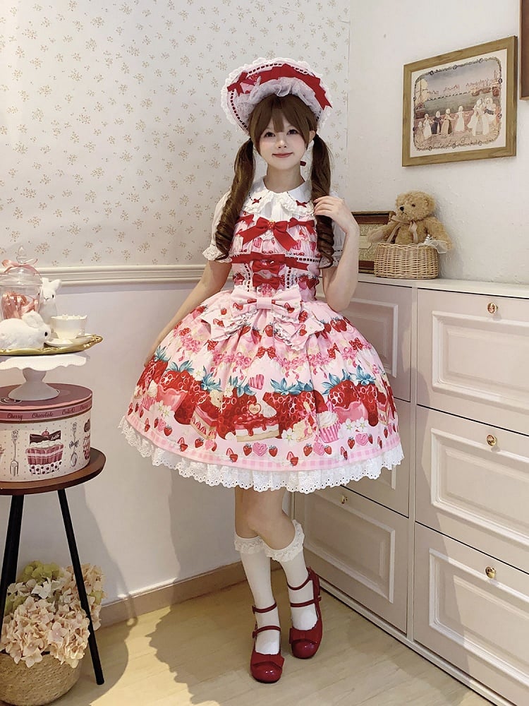 Print Strawberry Dress Pink Dessert and Lolita Sweet