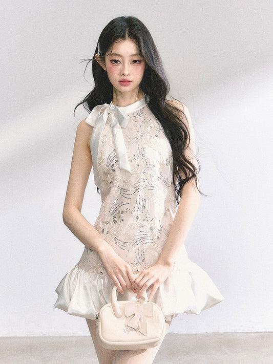 Light Pink Self-tie Bow Neckline Sequin Details Skirt Bubble Sleeveless Dress Mini