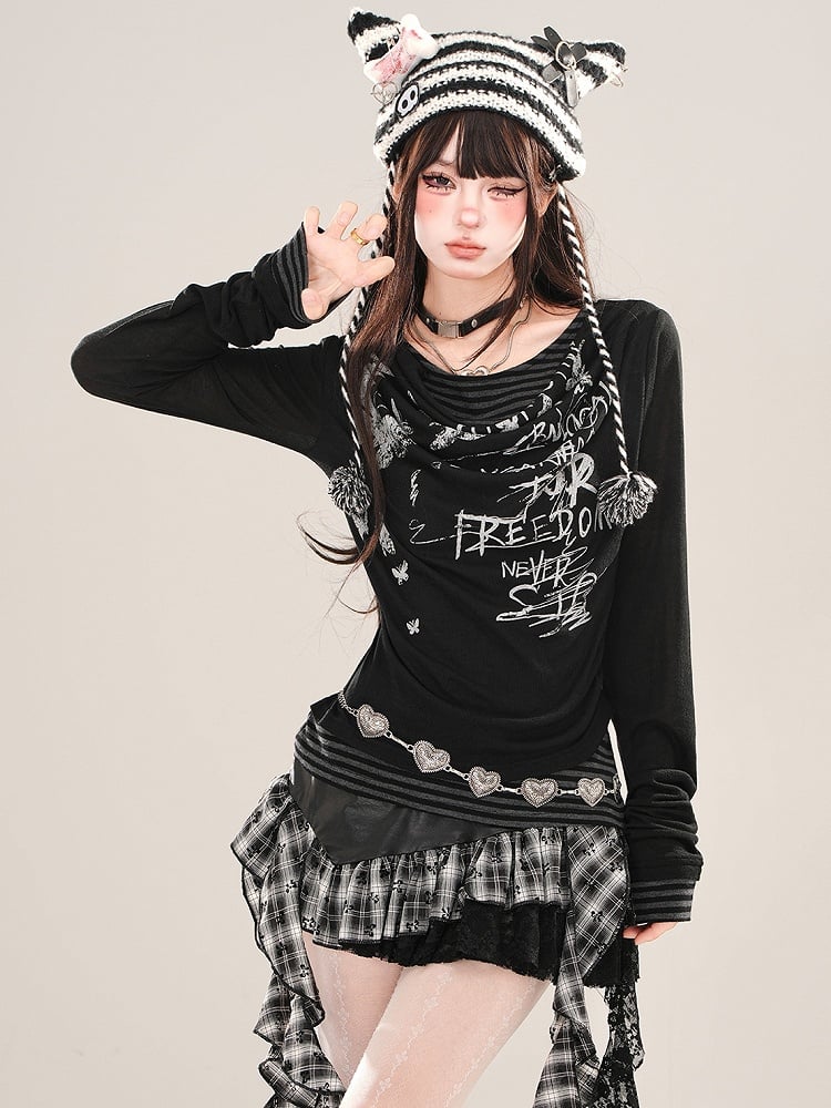 アプリコット/ブラック グラフィックメッシュ フェイクツーピース ストライプ ロングスリーブ トップス