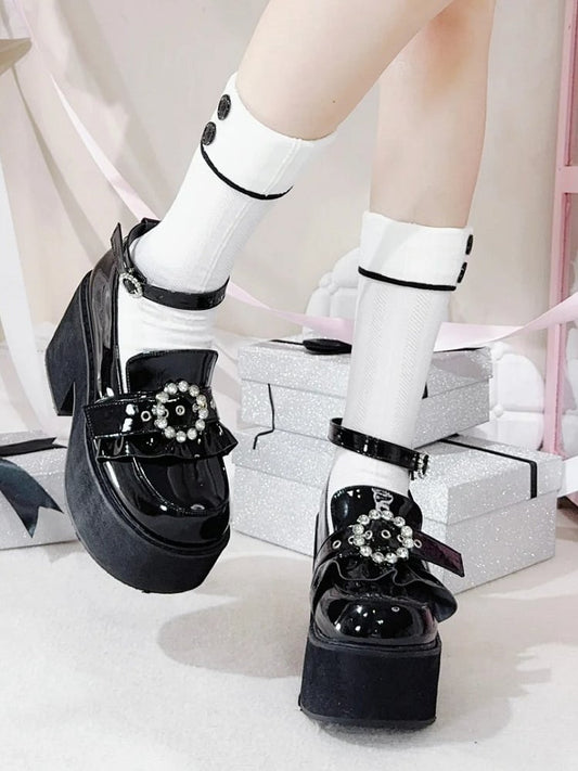 Jirai High 9CM Black Block Platform Shoes with Buckle Ankle Strap Polished and Kei Heel