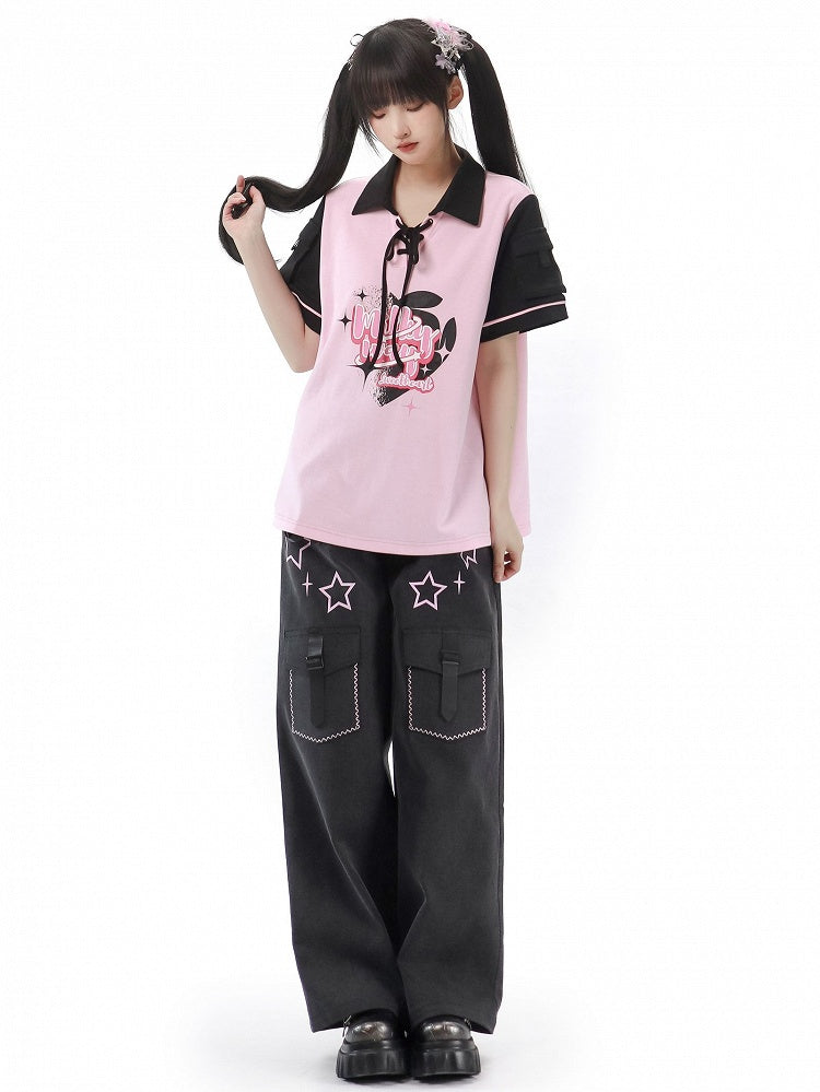 Pink Detail Black Lace-up T-shirt and Graphic