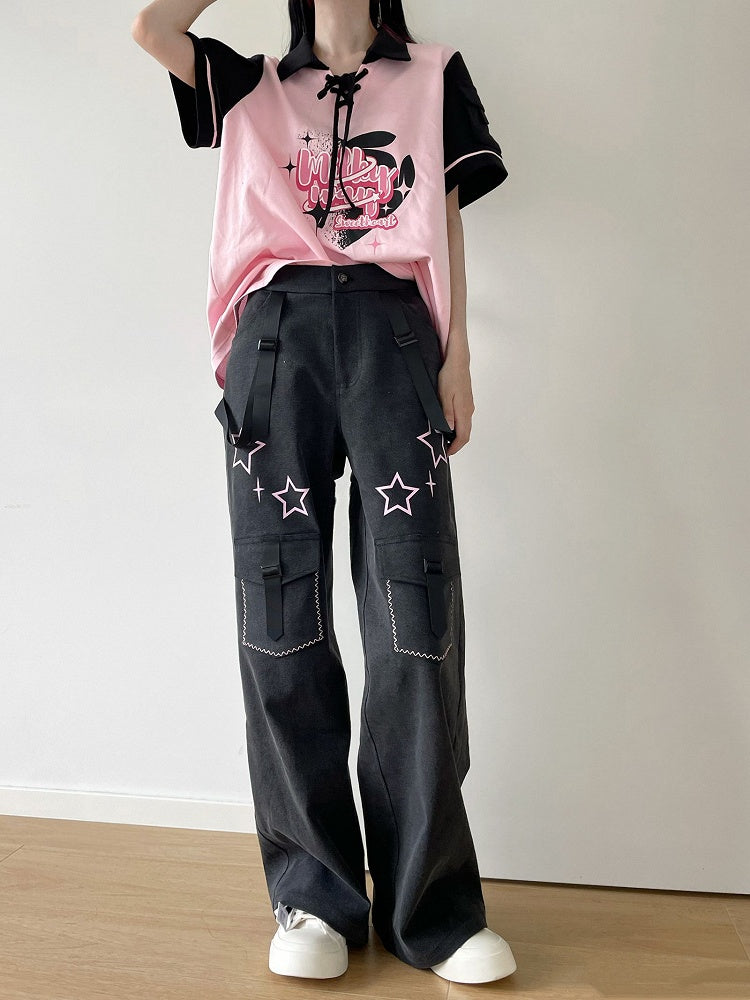 Pink Detail Black Lace-up T-shirt and Graphic