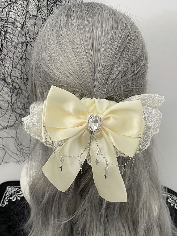 Decorated Rhinestone Hair Cross Bowknot Charm Trim Tie Black/Beige Lace