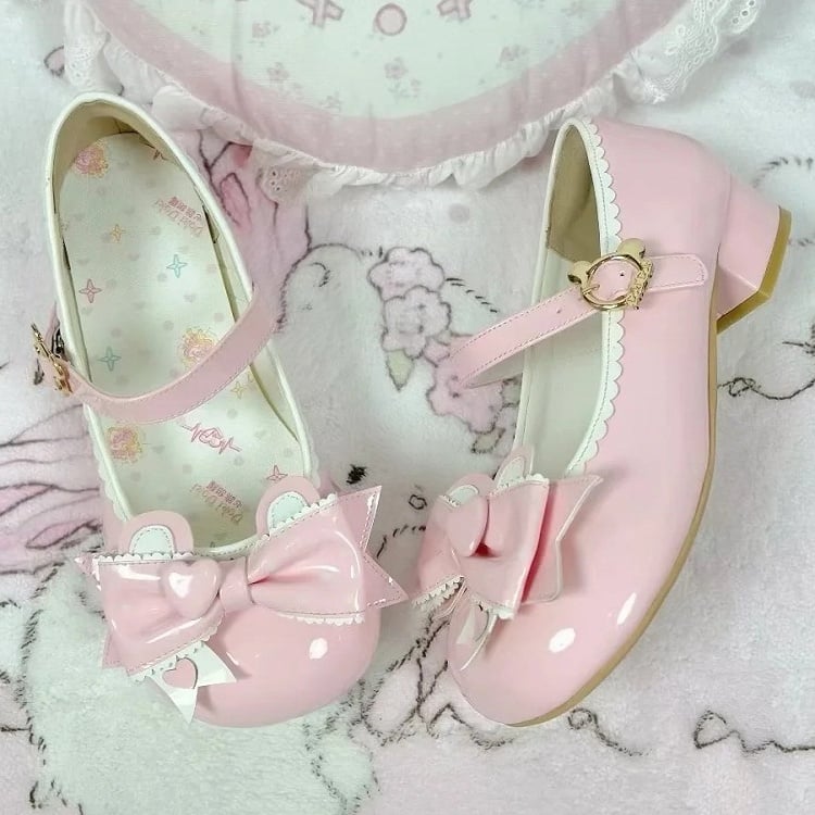 Mary with Lolita PU Top Sweet Bow Ear Pink Low-heel Teddy in Janes Closure Bear