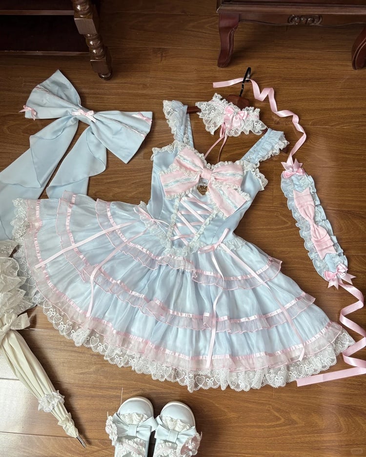 Skirt and Pink Blue Jumper Skirt Hime Lolita Dress Flutter Sleeves Tiered