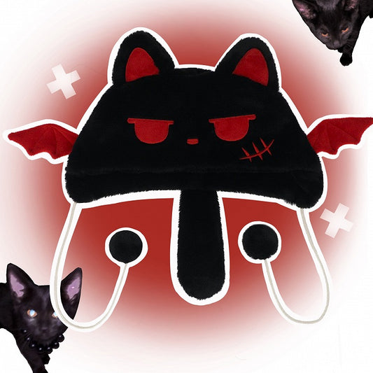 Y2K 悪魔の黒猫のぬいぐるみ帽子(ポンポン付き)