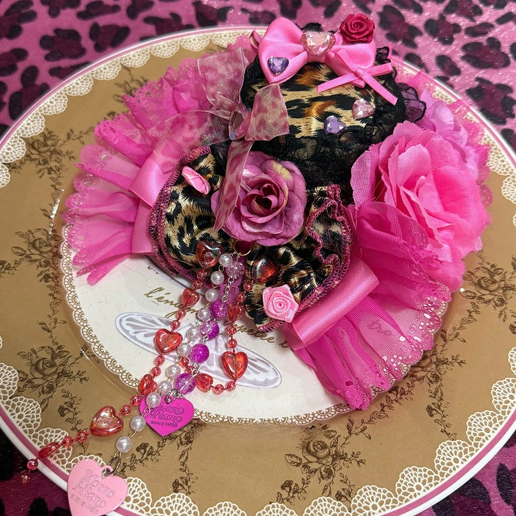 Hat Rhinestone Decorated Chain BlackPink Trim Beaded Floral Mini Leopard Pattern Lace Design