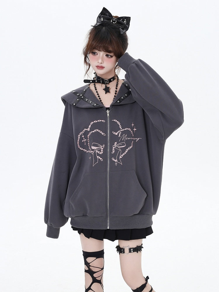Rosa/graue bedruckte Jacke mit Matrosenkragen und Reißverschluss