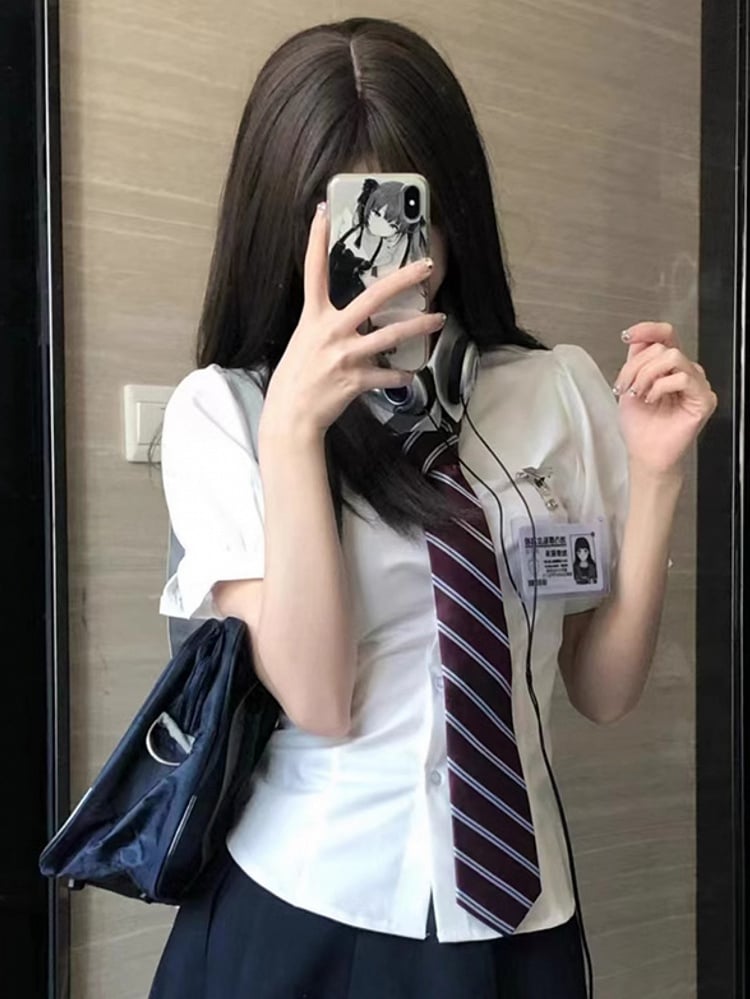 White At JK Uniform Self-tie Puff Back Sleeves Shirt Design