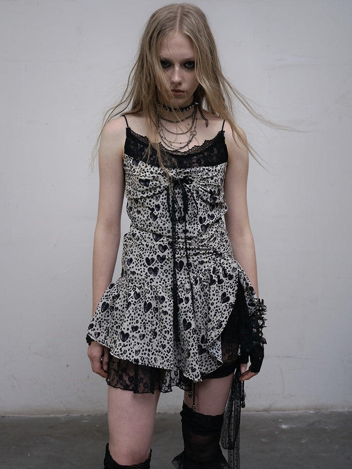 Self-tie Trim BlackWhite Asymmetrical Hem Strap Lace Cami Dress Print Glamorous Heart