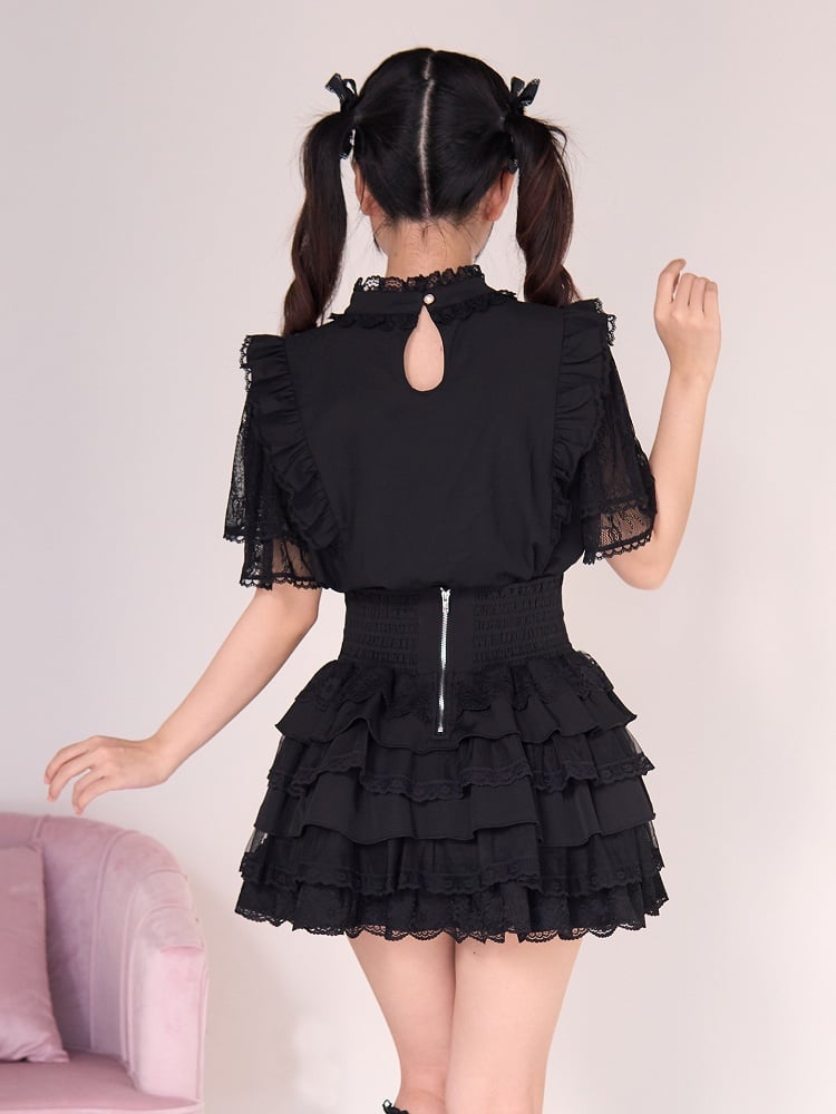 Black Neckline with Beaded Style Chain Details Illusion Criss-cross Jirai Kei Blouse