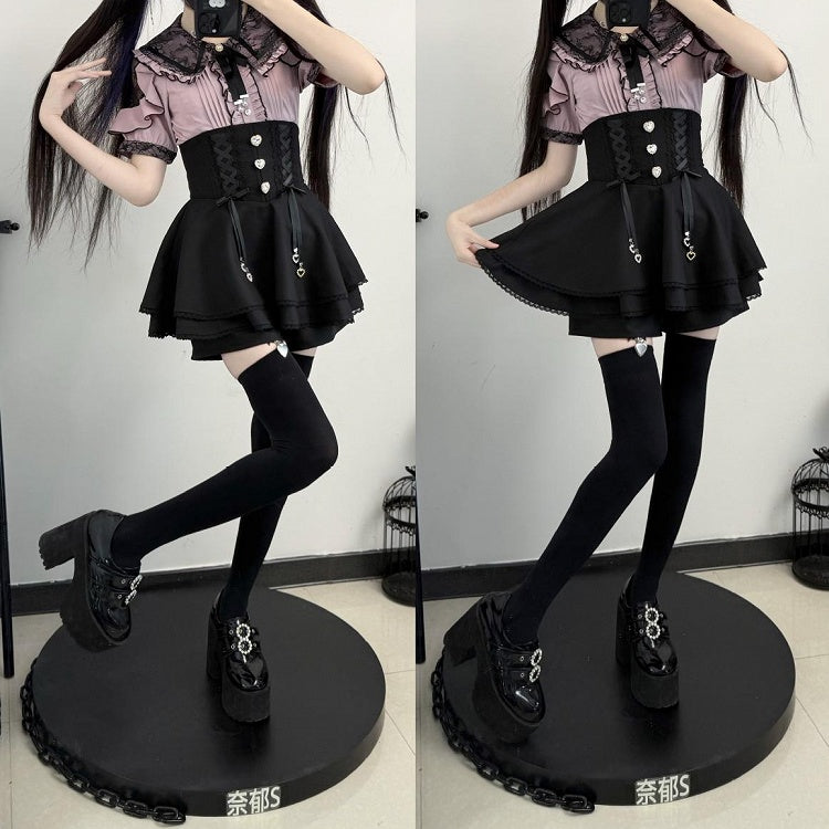 Schwarze Spitze, Double Kei Cutouts, Schleife, Blusenkragen im Jirai-Stil und Schulter lila